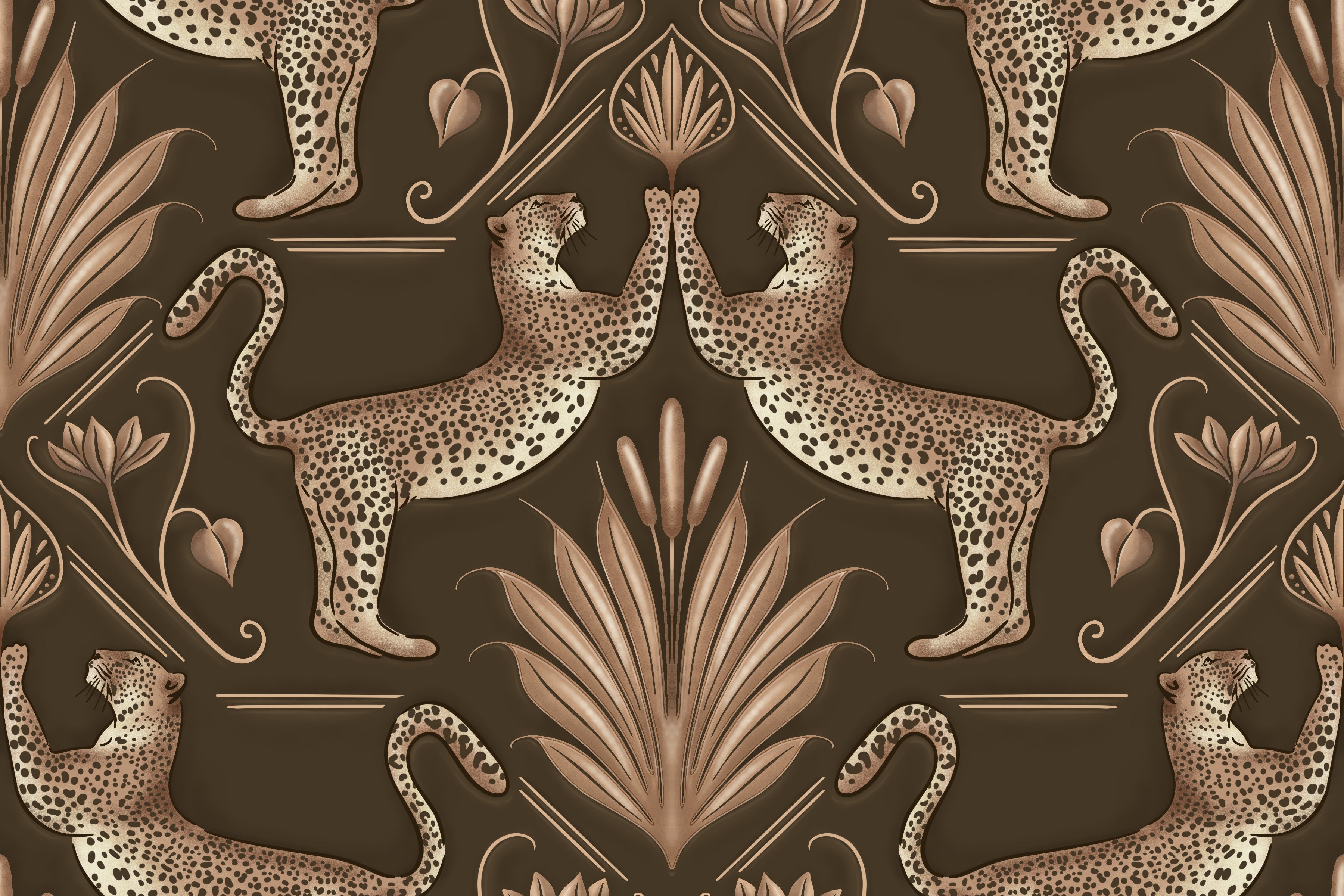 Decorative pattern with leopards and foliage on a dark background